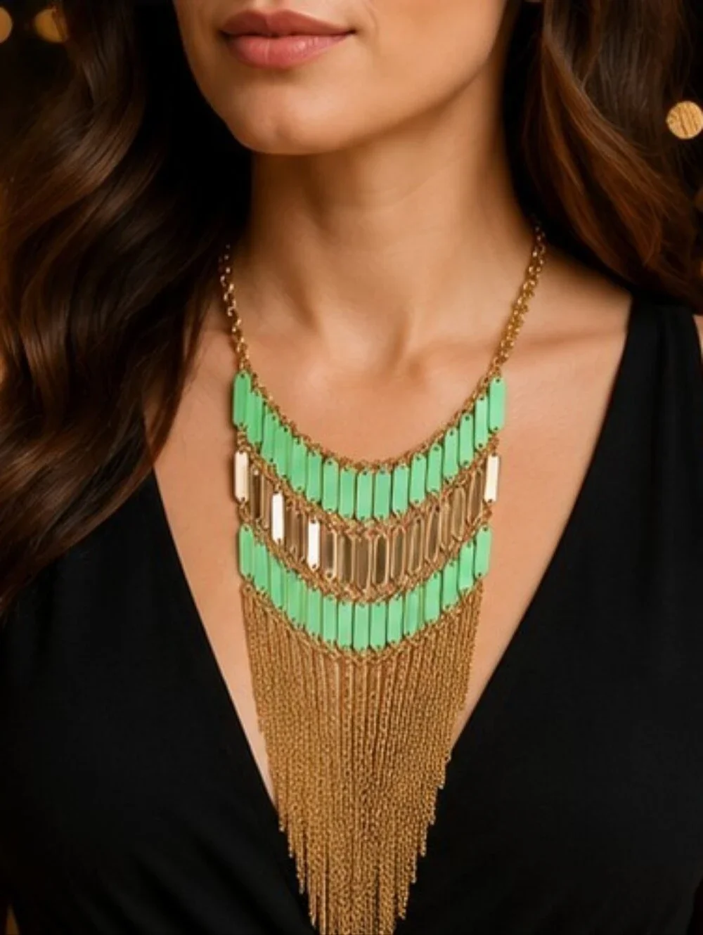 Natasha NWT Vintage Gold Tone Mint Green Fringe Statement Bib Necklace 18